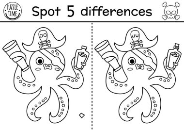 Black and white find differences game for children. Sea adventures line educational activity with cute pirate octopus and map in bottle. Treasure island printable worksheet, coloring page for kid