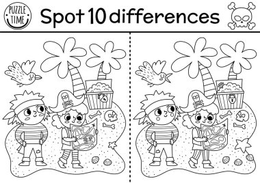 Black and white find differences game for children. Sea adventures line educational activity with cute pirates looking for treasure chest. Treasure island printable worksheet, coloring page for kid