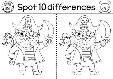 Black and white find differences game for children. Sea adventures line educational activity with cute pirate with parrot and sable. Treasure island printable worksheet, coloring page for kid