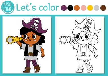 Pirate coloring page for children with pirate girl looking in telescope. Vector treasure island outline illustration. Color book for kids with colored example. Drawing skills printable workshee