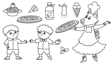 Black and white set with cook wolf and two boys, pizza, gelato, spaghetti, olive oil. Coloring page for Italian cuisine restaurant. Traditional Rome food and chef illustration. Funny clipart for kid