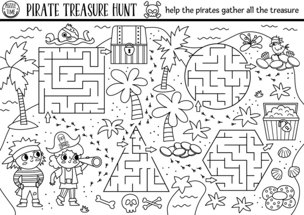 Black White Pirate Maze Kids Treasure Hunt Line Preschool Printable — Stockový vektor