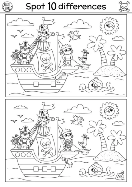 Black White Find Differences Game Children Sea Adventures Line Educational — Archivo Imágenes Vectoriales