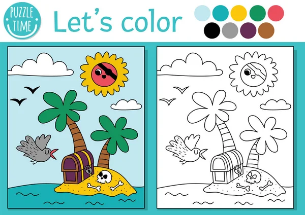 为有棕榈树 宝箱的儿童设计的盗版彩色页面 矢量宝岛轮廓图解 彩色图片集适用于有彩色图片的儿童 可打印工作表的绘图技巧 — 图库矢量图片