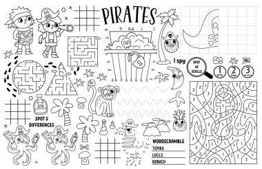 Vector pirate placemat for kids. Treasure hunt printable activity mat with maze, tic tac toe charts, connect the dots, find difference. Sea adventure black and white play mat or coloring pag