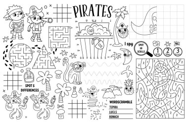 Vector pirate placemat for kids. Treasure hunt printable activity mat with maze, tic tac toe charts, connect the dots, find difference. Sea adventure black and white play mat or coloring pag clipart
