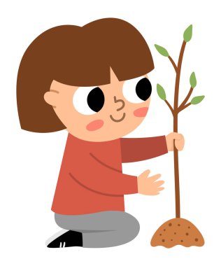 Girl seeding plant icon. Cute eco friendly kid. Child planting a tree. Earth day or healthy lifestyle concep