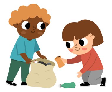 Cute eco friendly kids collecting waste. Boy and girl caring of environment, sorting rubbish. Earth day illustration. Ecological vector concept with children picking up and gathering tras