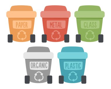 Vector waste sorting bins icon. Colorful organic, paper, metal, glass, plastic garbage boxes. Earth day or zero waste ecological concept. Rubbish or junk recycling containers illustratio