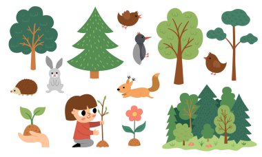 Vector forest set with girl seeding plant, trees, animals, birds. Deforestation or ecological awareness collection. Cute planting tree concept. Earth day or healthy eco friendly illustratio
