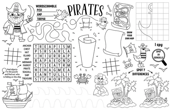 Vector Pirate Placemat Kids Treasure Hunt Printable Activity Mat Maze — Vettoriale Stock