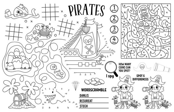 Vector Pirate Placemat Kids Treasure Hunt Printable Activity Mat Maze — Stockvektor