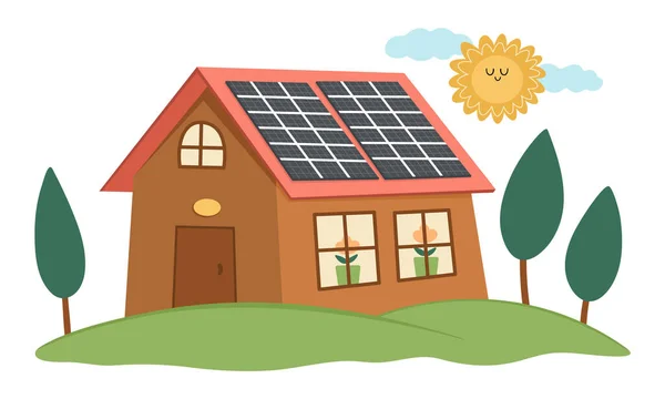 病媒生态屋图标 环境友好的家庭概念与树 太阳能电池板 生态乡村生活方式的例证 可爱的地球日景观或景象 — 图库矢量图片