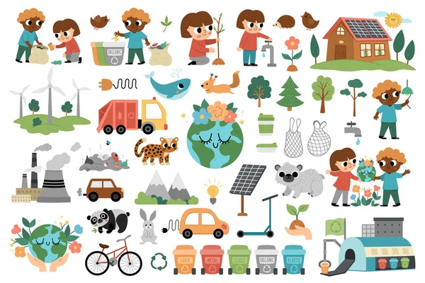 Vector Ecological Set Kids Earth Day Collection Cute Children Planet — Stockový vektor