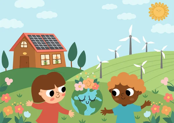 Vector Eco Life Scene Cute Kids Horizontal Card Template Ecological — 스톡 벡터