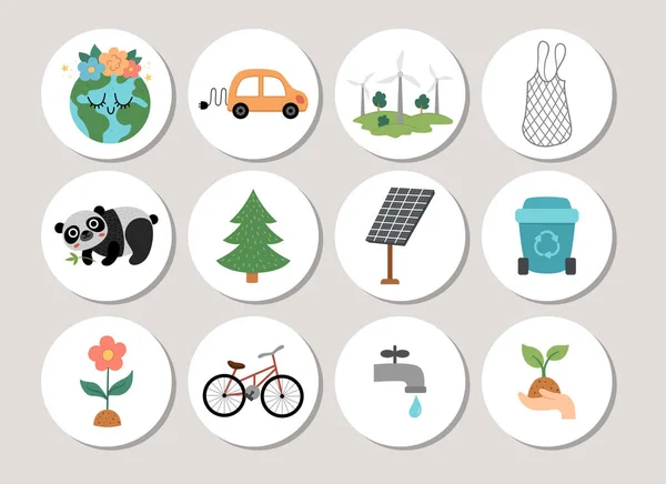 生态亮点图标设置可爱的星球 废物回收 替代能源的概念 矢量地球日圆形打印模板 环保标签设计 — 图库矢量图片