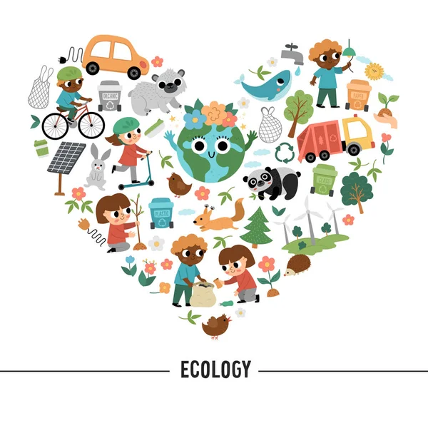 Vector Ecological Heart Shaped Frame Cute Children Caring Nature Earth — Stockový vektor