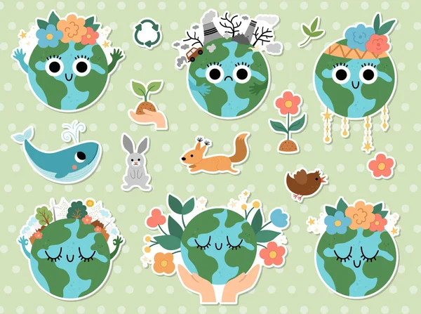 给孩子们的矢量贴纸 地球日补丁收集可爱的卡瓦微笑的行星 环保徽章图标与全球和森林 污染或花卉上 — 图库矢量图片