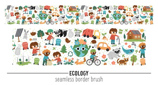 Vector Ecological Horizontal Seamless Pattern Brush Cute Children Caring Nature — Stock Vector