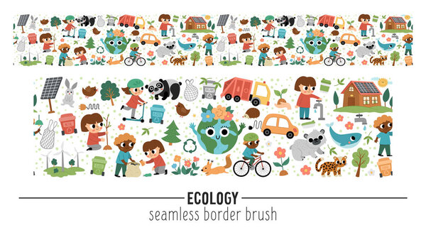Vector ecological horizontal seamless pattern brush with cute children caring of nature. Earth day border. Cute environment friendly repeating background with eco planet concep