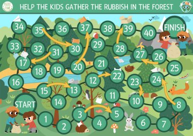 Ecological dice board game for children with kids gathering rubbish in the forest. Earth day boardgame.  Waste recycling printable activity or worksheet. Eco awareness or zero waste activit