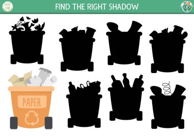 Ecological shadow matching activity with waste sorting concept. Earth day puzzle. Find correct silhouette printable worksheet or game. Eco awareness page for kids with rubbish bin