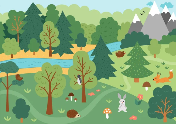 鳥とベクトル野生の森のシーン キノコと春または夏の森の風景 野生の自然風景図または背景 — ストックベクタ