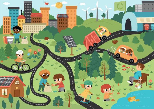Vector eco city scene. Ecological town landscape with alternative transport, energy concept. Green city illustration with waste recycling plant, children caring of environment. Earth day pictur
