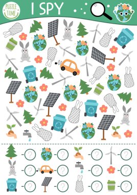 Ecological I spy game for kids. Searching and counting activity with solar panel, wind turbine. Earth day printable worksheet for preschool children. Simple eco awareness spotting puzzl