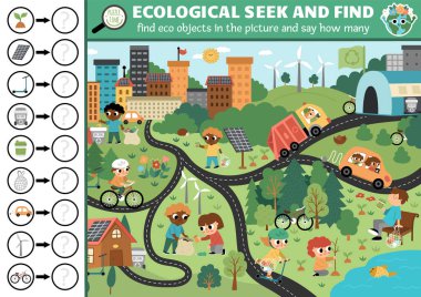 Vector ecological searching game with eco city landscape. Spot hidden objects in the picture and say how many. Simple earth day seek and find and counting printable activity for kid