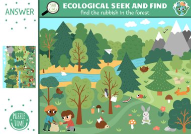Vector ecological searching page with forest landscape and rubbish. Spot hidden garbage in the picture. Simple zero waste seek and find educational printable activity for kids. Earth day gam
