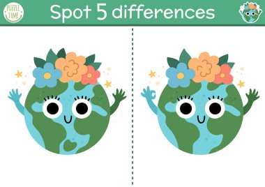 Find differences game for children. Ecological educational activity with cute planet. Earth day puzzle for kids with funny character. Eco awareness or zero waste printable worksheet or pag clipart