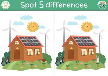 Find differences game for children. Ecological educational activity with cute house, solar panels, wind turbines. Earth day puzzle for kids. Eco awareness or zero waste printable worksheet, pag clipart