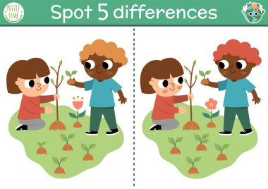 Find differences game. Ecological educational activity with cute children planting trees. Earth day puzzle for kids with funny character. Eco awareness or zero waste printable worksheet or pag clipart