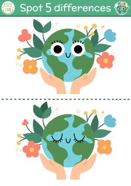 Find differences game for children. Ecological educational activity with cute planet in hands. Earth day puzzle for kids with funny character. Eco awareness, zero waste printable worksheet or pag clipart