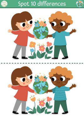 Find differences game. Ecological educational activity with cute children holding planet with flowers. Earth day puzzle for kids. Eco awareness or zero waste printable worksheet or pag
