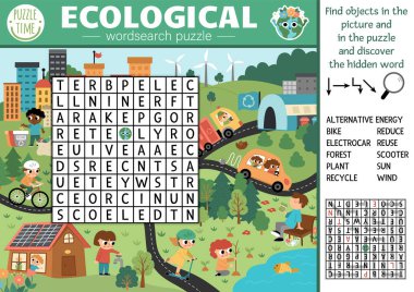 Vector ecological wordsearch puzzle for kids. Earth day word search quiz with eco city landscape. Eco awareness educational activity. Cross word with environment friendly scen clipart