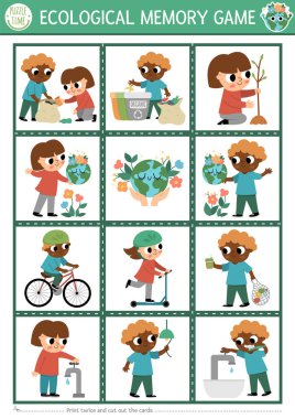Vector ecological memory game cards with cute children caring of environment. Eco awareness matching activity. Remember and find correct card. Simple printable worksheet for kid