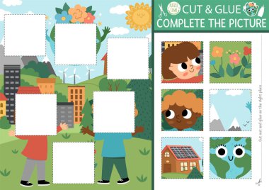 Vector ecological cut and glue activity. Earth day crafting game with cute kids and smiling planet. Eco awareness printable worksheet. Find the right piece of the puzzle. Complete the pictur