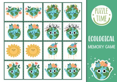 Vector ecological memory game cards with cute planets. Eco awareness matching activity. Remember and find correct card. Simple Earth day printable worksheet for kids with kawaii star