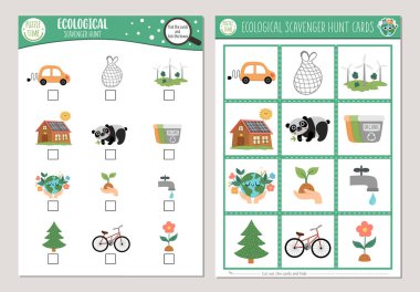 Vector ecological scavenger hunt cards set. Seek and find game with cute eco awareness symbols for kids. Earth day searching activity. Simple educational printable workshee