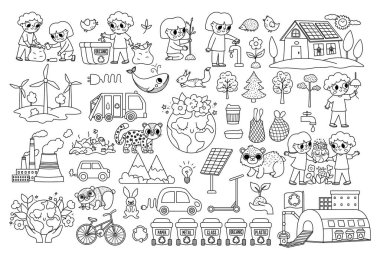 Vector black and white ecological set for kids. Earth day line collection with cute children, planet, waste recycling concept. Environment friendly coloring pack with alternative energy, solar panel