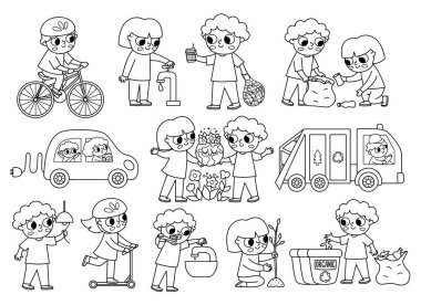 Ecological black and white vector set with children. Cute line eco friendly kids collection. Boys and girls saving water, energy, seeding plants, caring of environment. Earth day coloring pag clipart