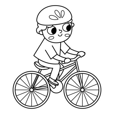 Black and white boy riding a bike in helmet icon. Cute line eco friendly kid. Child using alternative transport. Earth day or healthy lifestyle concept or coloring pag