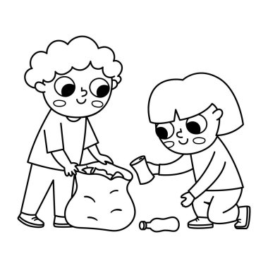 Cute black and white eco friendly kids collecting waste. Boy, girl caring of environment, sorting rubbish. Earth day coloring page. Ecological vector line concept with children picking up tras