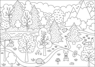 Vector black and white wild forest scene with trees, mountains, animals, birds. Spring or summer line woodland scenery with flowers, plants, mushrooms. Wild nature landscape or coloring page