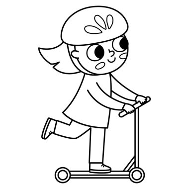 Black and white girl riding a scooter in helmet icon. Cute line eco friendly kid. Child using alternative transport. Earth day or healthy lifestyle concept or coloring pag