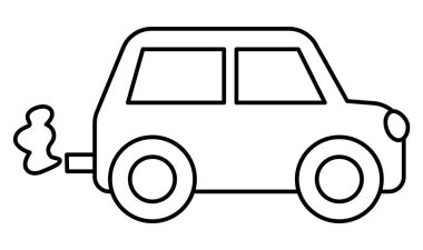 Black and white car emitting exhaust gases. Traditional line transport harm concept. Automobile with exhaust pipe illustration isolated on white background. Emission reduce icon or coloring pag