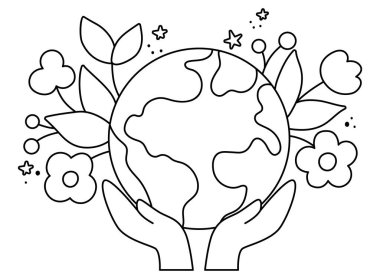 Vector black and white hands holding earth with flowers. Earth day line illustration with cute planet. Environment friendly icon with globe. Cute ecological concept or coloring pag