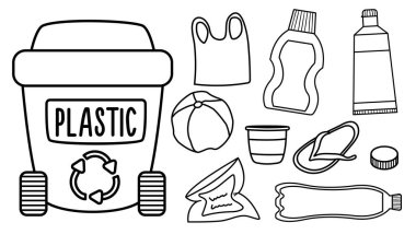 Black and white rubbish bin for plastic waste with different garbage. Waste recycling and sorting concept or coloring page. Vector trash container and litter illustration. Ecological line se